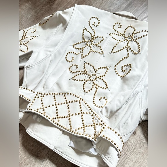 Vintage 1980s John Michael White Leather Studded Rhinestone Jacket Large - Picture 7 of 9